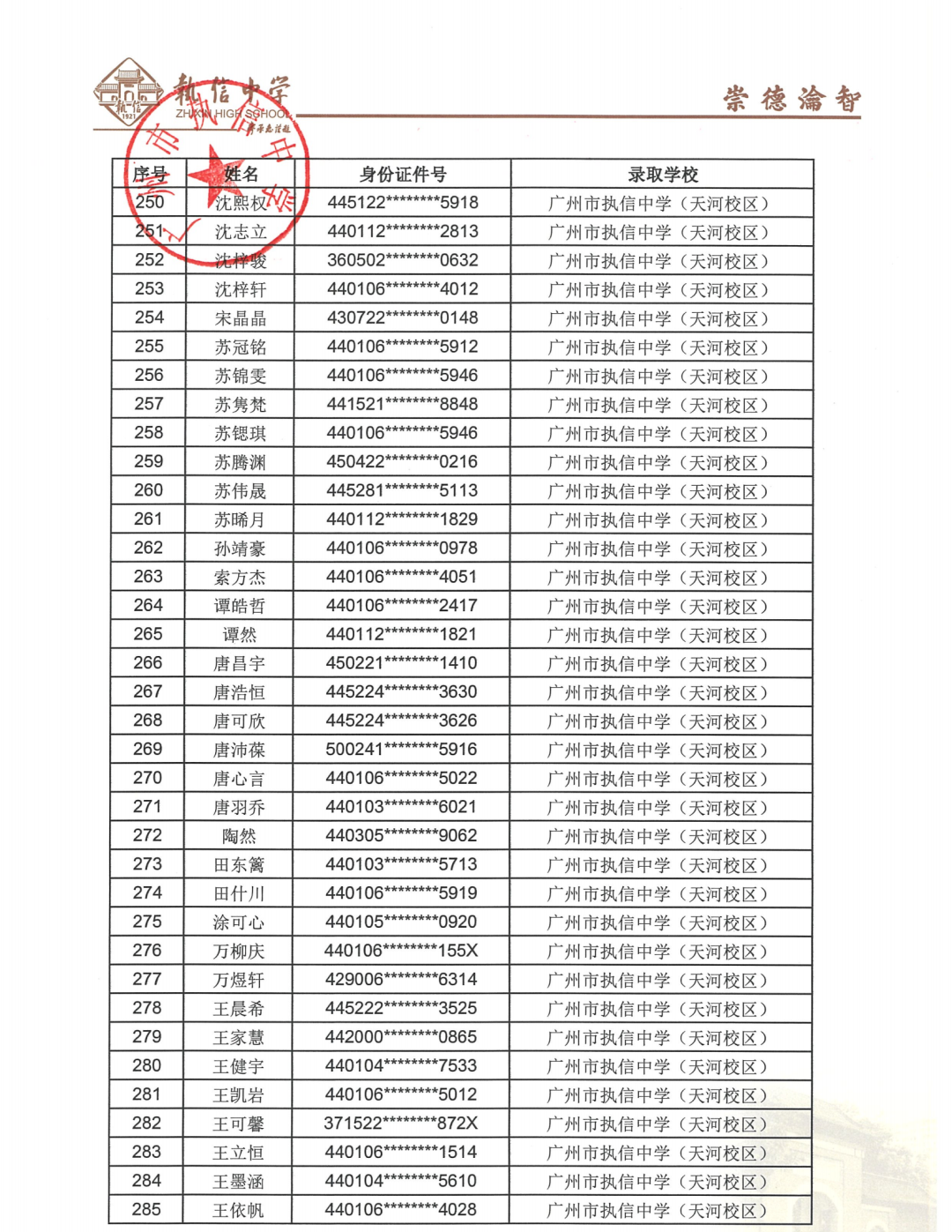 广州市执信中学（天河校区）2025年小升初电脑派位录取名单公布