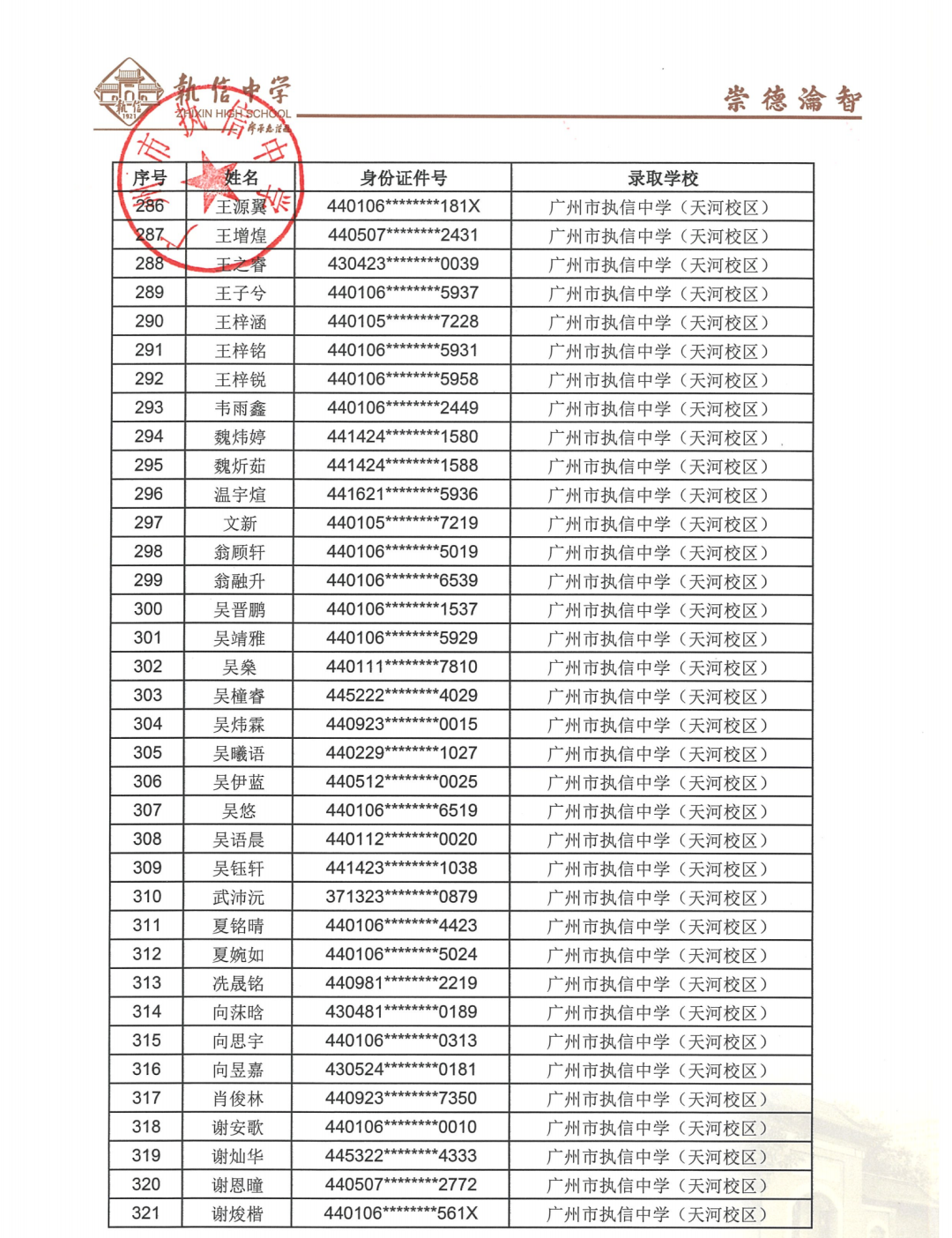 广州市执信中学（天河校区）2025年小升初电脑派位录取名单公布